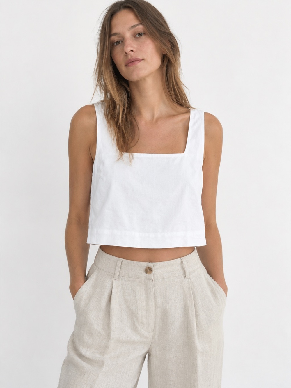 Abercrombie & Fitch White Linen Blend Cropped Tank Top